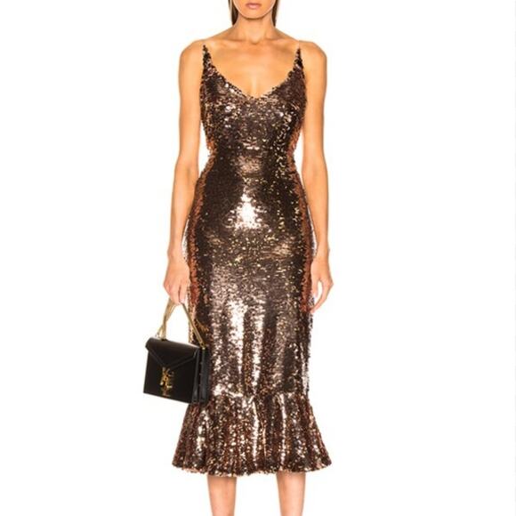 Saloni Sequin Dress Sleeveless Open Back Cocktail Midi Bronze Sz 4 Retails $795 - Picture 3 of 13